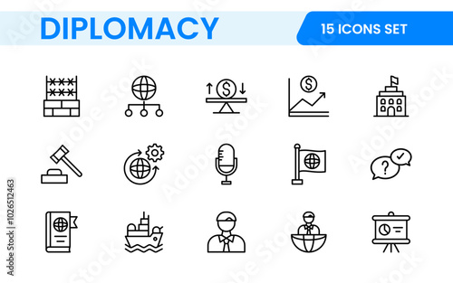 Diplomacy Line  Icons set. Vector illustration in modern thin line style of political dialogue related icons: summit, diplomatic, politics, debate, and more.