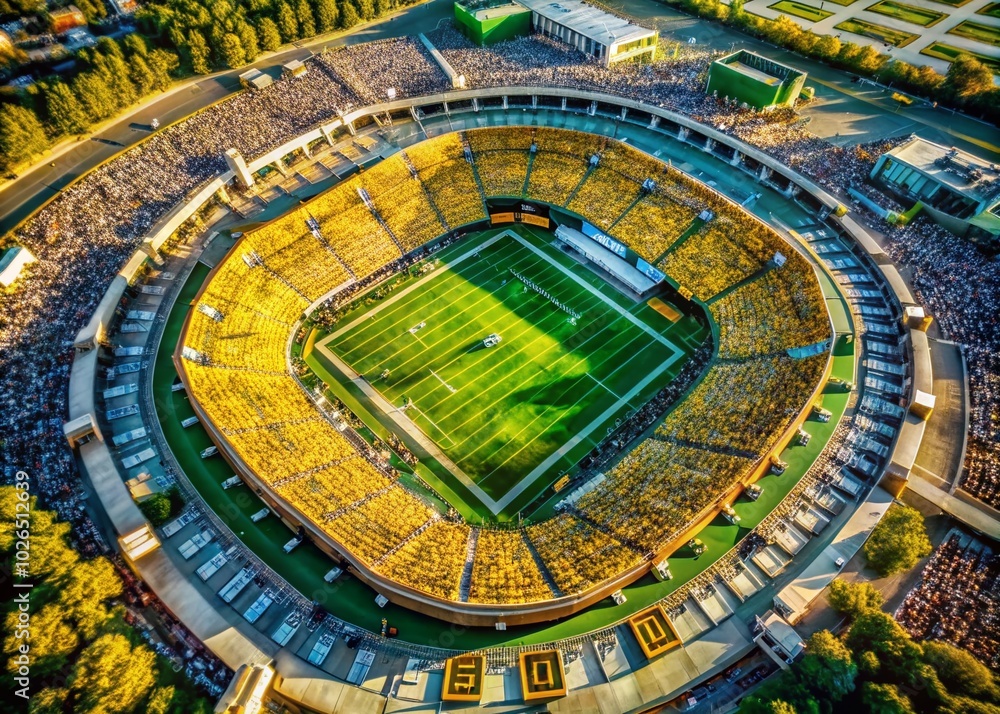 Aerial View of Football Stadium with Green and Gold Colors Reflecting Team Spirit Aerial View of Football Stadium with Green and Gold Colors Reflecting Team Spirit