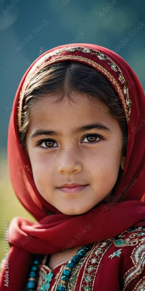 A young girl 5 years old of Tajik nationality stands outdoors, dressed in traditional attire. Her facial expression reflects curiosity and innocence, surrounded by nature's tranquility. AI generated A young girl 5 years old of Tajik nationality stands outdoors, dressed in traditional attire. Her facial expression reflects curiosity and innocence, surrounded by nature's tranquility. AI generated