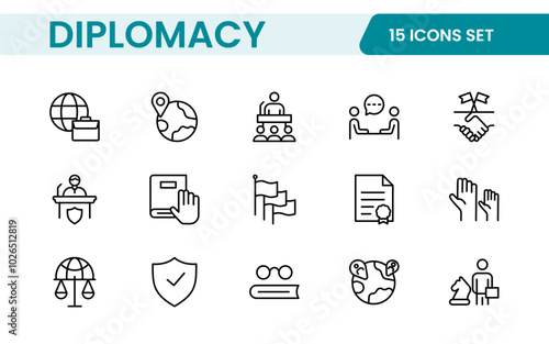 Diplomacy Line  Icons set. Vector illustration in modern thin line style of political dialogue related icons: summit, diplomatic, politics, debate, and more.