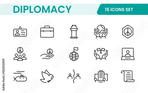 Diplomacy Line  Icons set. Vector illustration in modern thin line style of political dialogue related icons: summit, diplomatic, politics, debate, and more.