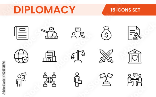 Diplomacy Line  Icons set. Vector illustration in modern thin line style of political dialogue related icons: summit, diplomatic, politics, debate, and more.