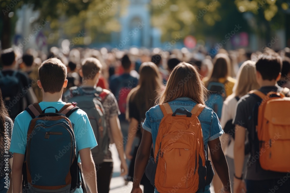 Group of travelers walking together on a busy street, each carrying a backpack Group of travelers walking together on a busy street, each carrying a backpack
