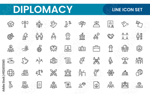 Diplomacy Line  Icons set. Vector illustration in modern thin line style of political dialogue related icons: summit, diplomatic, politics, debate, and more.