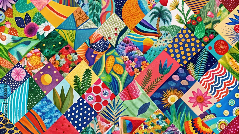 Naklejka premium Aerial View of Hand Drawn Abstract Shapes in a Bright Colorful Pattern for Fashionable Design Templates