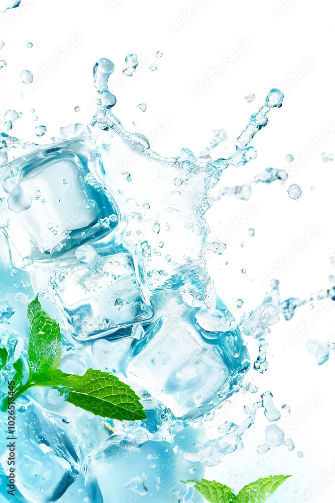 Cool ice cubes tumble in delightful splashes, mingling with vibrant mint leaves, beautifully capturing the essence of refreshing summertime drinks and invigorating hydration Cool ice cubes tumble in delightful splashes, mingling with vibrant mint leaves, beautifully capturing the essence of refreshing summertime drinks and invigorating hydration