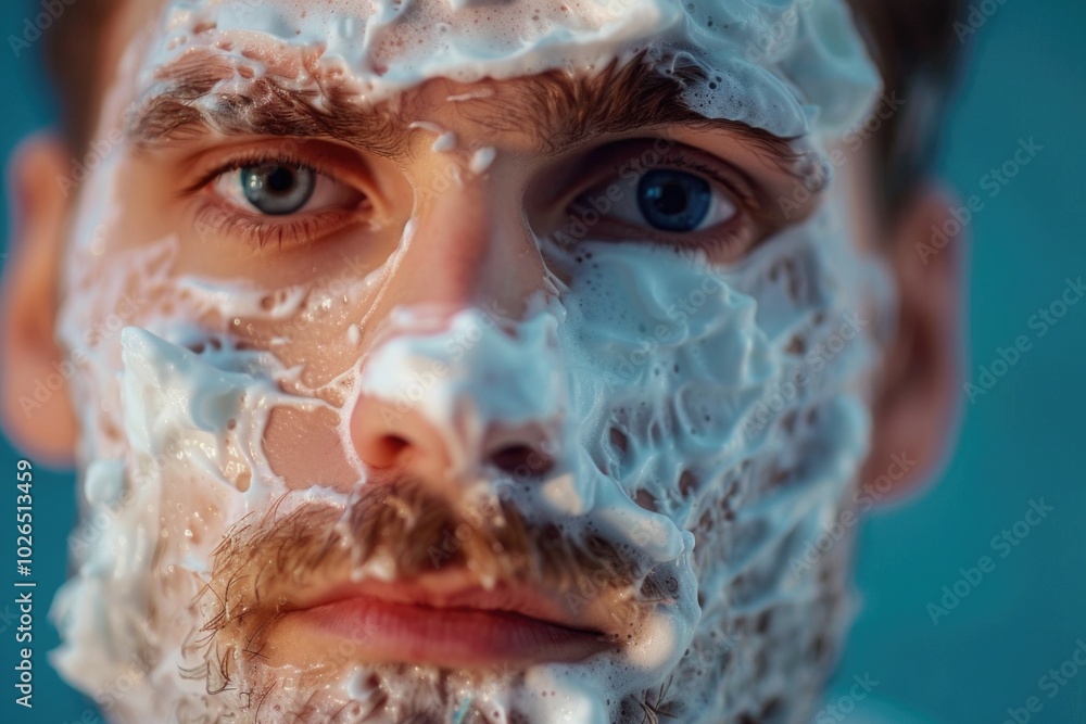 Fototapeta premium Close-up of a man shaving his face with foam, detail oriented