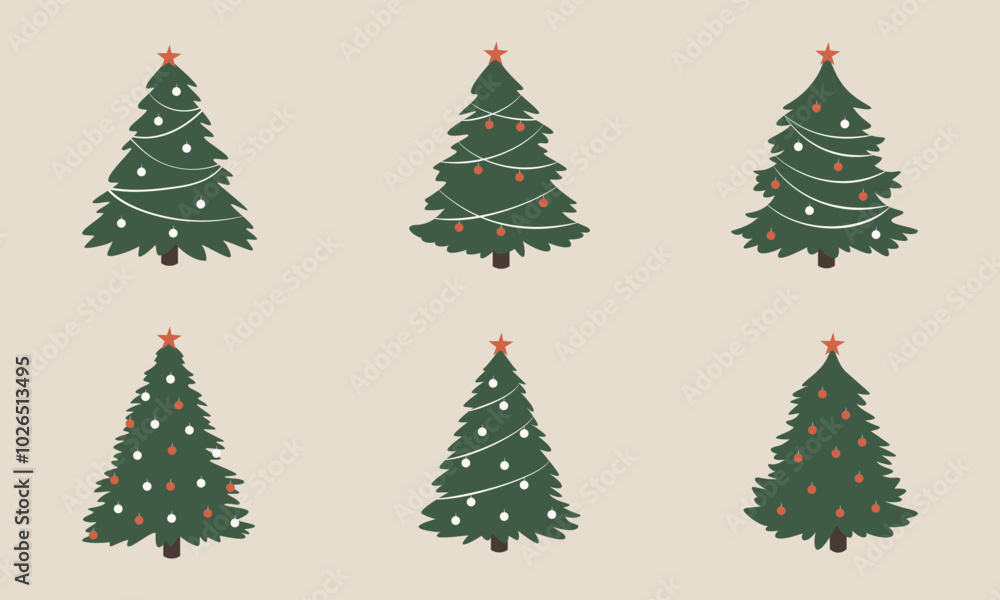 Set of Christmas trees with lush branches, decorated with balls Set of Christmas trees with lush branches, decorated with balls