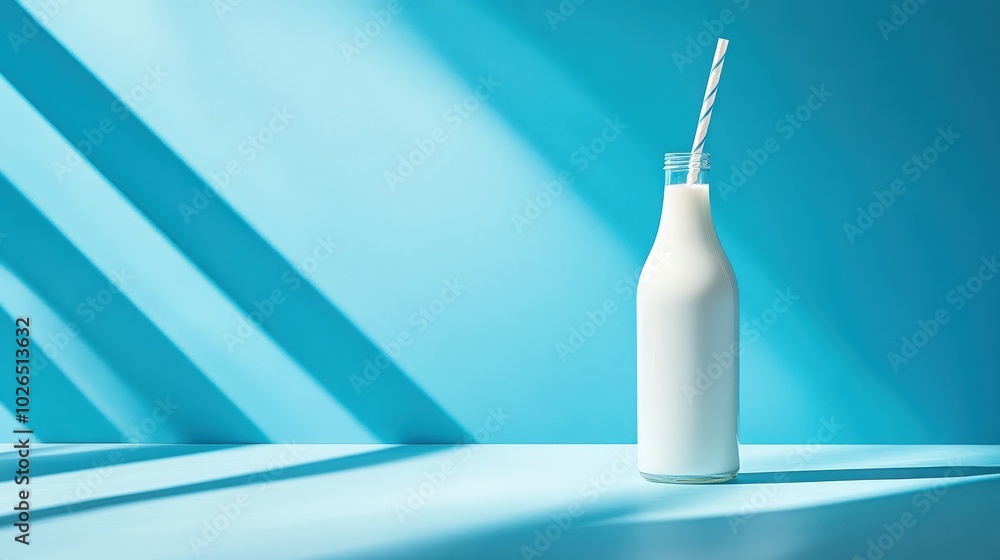 Refreshing Summertime Vibes - White Bottle with Straw on Bright Blue Background Refreshing Summertime Vibes - White Bottle with Straw on Bright Blue Background
