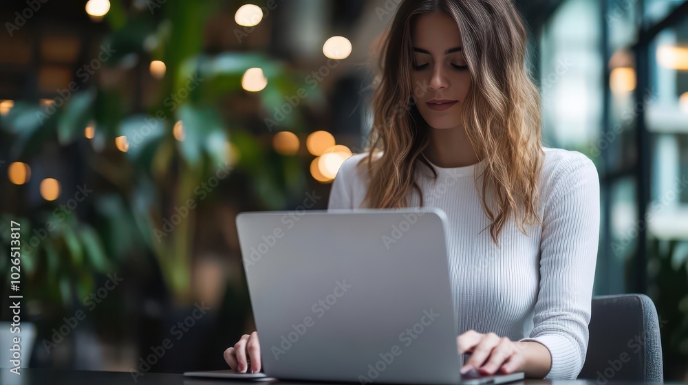 Young Woman Working on Laptop in Modern Workspace Young Woman Working on Laptop in Modern Workspace