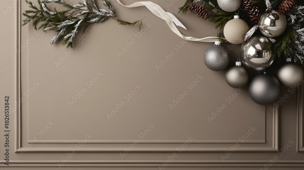 Naklejka premium A beautifully arranged winter decor displays silver frames adorned with white Christmas balls and pine cones, enhancing the simple elegance of the light gray wall