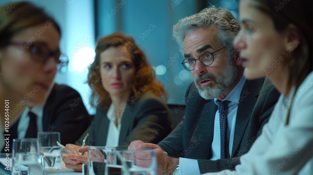 A group of professionals gathered around a table discussing work-related matters A group of professionals gathered around a table discussing work-related matters
