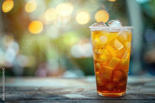 A refreshing glass of iced tea on a rustic wooden table, perfect for outdoor gatherings or picnics