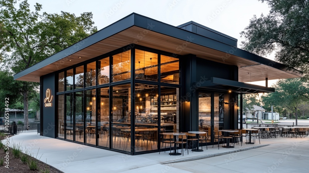 Modern cafe building with glass walls, showcasing interior lights and seating with an outdoor patio, surrounded by trees and a sidewalk area. Modern cafe building with glass walls, showcasing interior lights and seating with an outdoor patio, surrounded by trees and a sidewalk area.