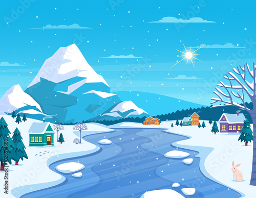 Winter Landscape And Town Illustration