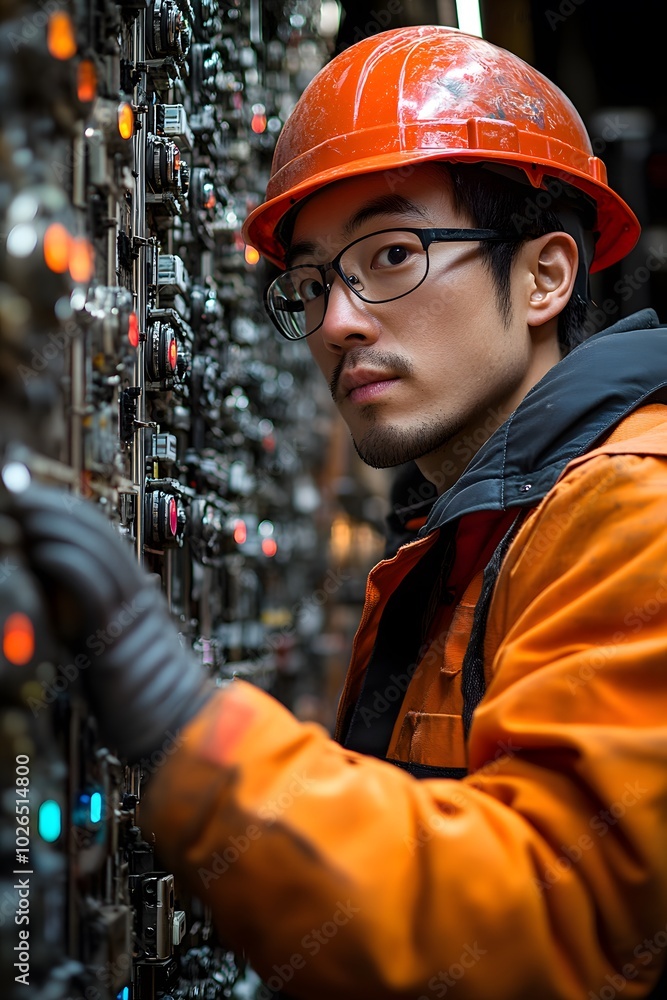 Chinese Electrician Inspecting A High-tech Control Panel In An Industrial Setting Chinese Electrician Inspecting A High-tech Control Panel In An Industrial Setting