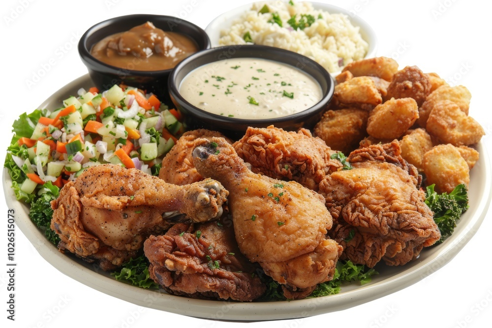A delicious meal of fried chicken, served with a side of rice and mixed vegetables A delicious meal of fried chicken, served with a side of rice and mixed vegetables