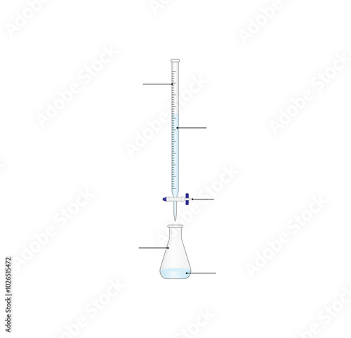 Titration procedure. Titrant in a burette and analyte in a conical flask, scientific experiment in the laboratory. Scientific vector illustration.	