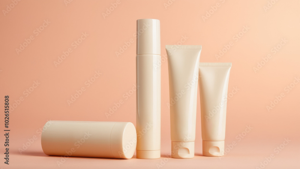 This image showcases three stylish body balm tubes with a minimalistic design. The absence of branding and the soft pastel backdrop enhance their appeal, ideal for beauty marketing in upscale settings This image showcases three stylish body balm tubes with a minimalistic design. The absence of branding and the soft pastel backdrop enhance their appeal, ideal for beauty marketing in upscale settings