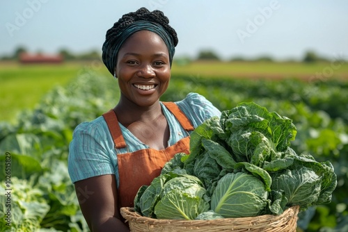 Smiling farmer in a vibrant field with fresh harvested cabbages during sunny ...