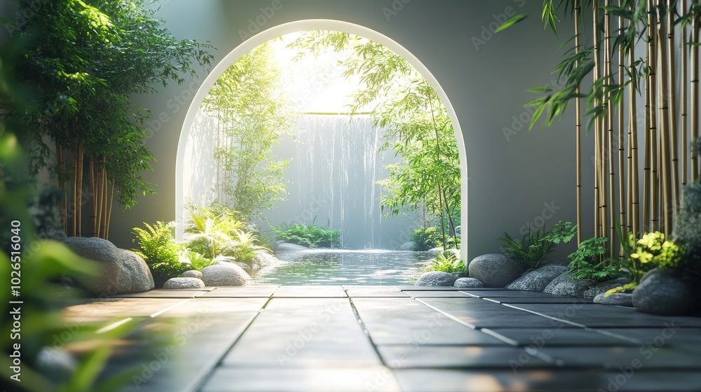 Fototapeta premium Tranquil Japanese Zen Garden with Arched Entrance and Water Feature