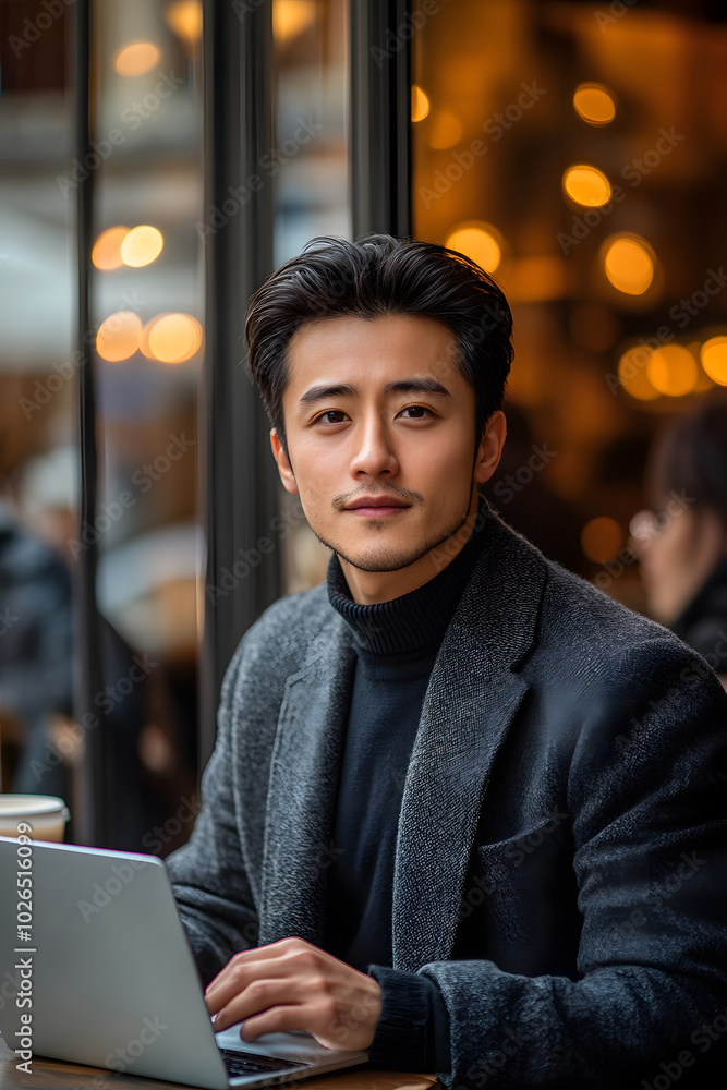 Young Chinese Businessman In A Street Café, Reviewing Financial Reports On His Laptop Young Chinese Businessman In A Street Café, Reviewing Financial Reports On His Laptop