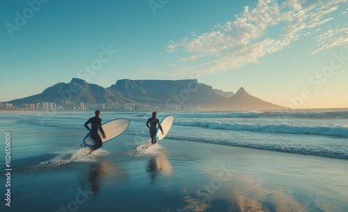 Surfers catching waves at sunset near Table Mountain in Cape Town