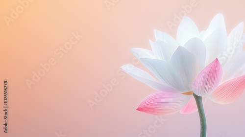 A delicate white lotus flower with pink accents against a soft, pastel background, symbolizing purity and tranquility.