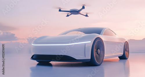 Futuristic electric car and drone in a scenic setting, illustrating the future of autonomous transport and mobility solutions photo