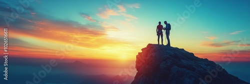 Climbers enjoy a breathtaking sunset view from a mountain summit on a clear e...