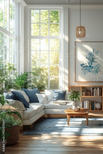 Cozy living room with white sofa and blue accents in modern interior design d...