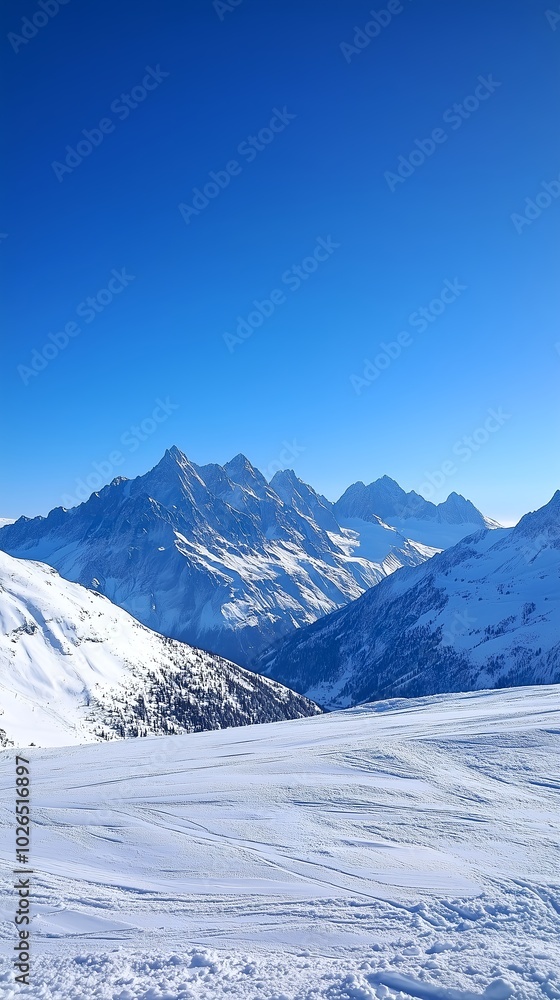 Obraz premium Snow mountain range clear blue sky. Nature landscape. 
