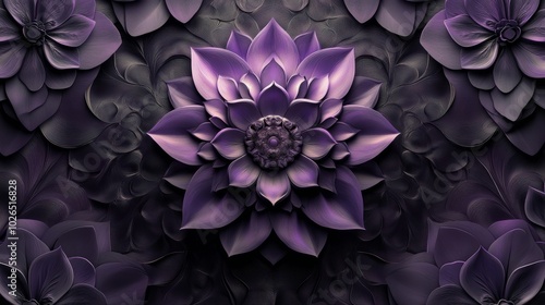 Vibrant purple floral design featuring intricate petals against a dark backgr...