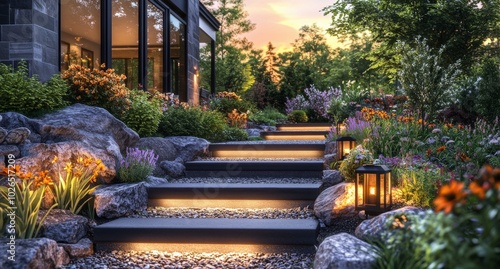Stunning garden pathway illuminated by lanterns with vibrant flowers in a ser...