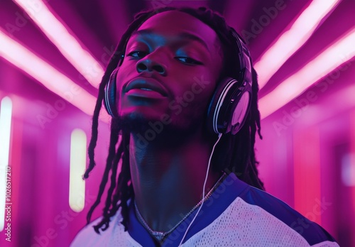 A young man enjoys music while leaning against neon lit walls in a vibrant ur...