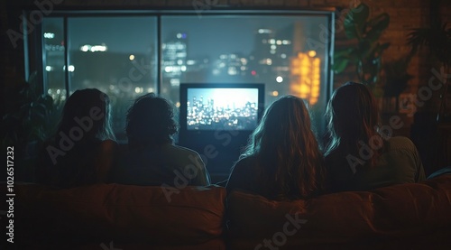 Friends enjoying a cozy movie night indoors while city lights twinkle outside...