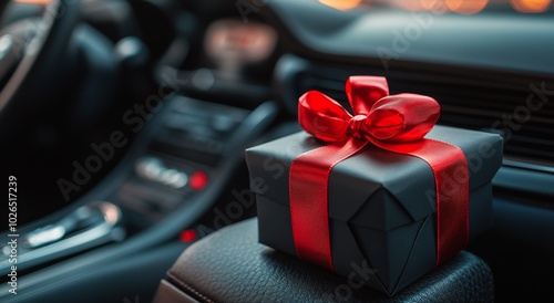A festive gift box with a red ribbon placed on the car seat during a holiday ...