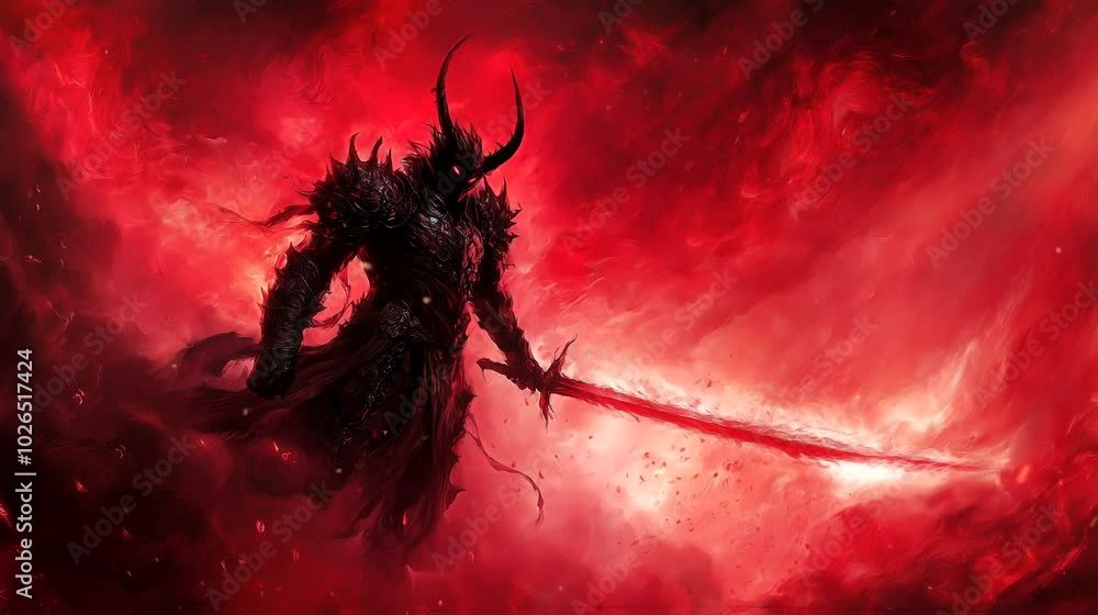 A towering dark figure clad in spiked armor wields a flaming sword, surrounded by swirling red clouds of chaos and destruction.. Looping 4k video animation background A towering dark figure clad in spiked armor wields a flaming sword, surrounded by swirling red clouds of chaos and destruction.. Looping 4k video animation background