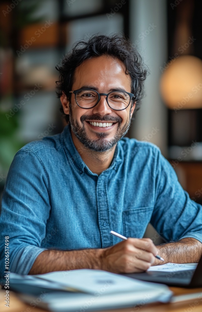 Man writing in a notebook while smiling in a cozy workspace with soft lighting Man writing in a notebook while smiling in a cozy workspace with soft lighting