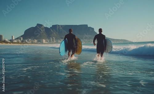 Surfers catching waves at sunset near Table Mountain in Cape Town
