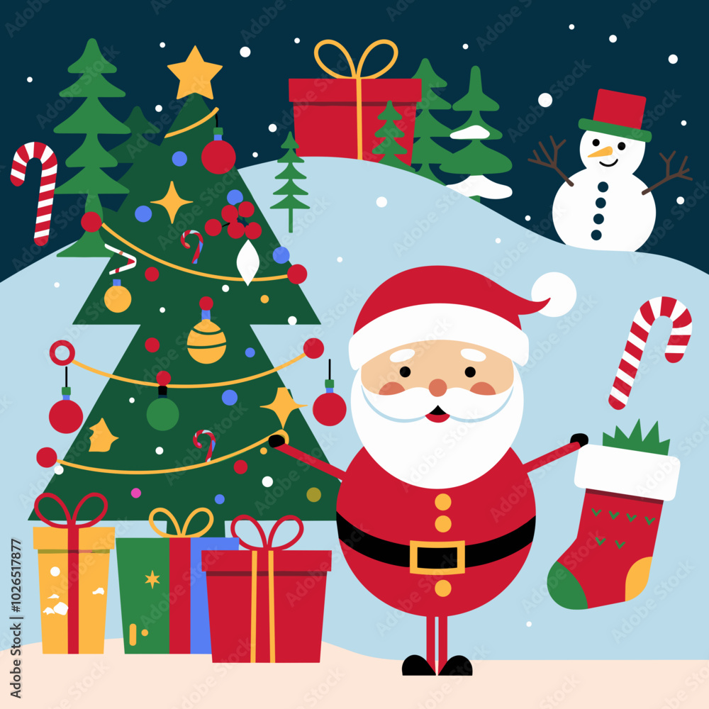 Santa with Christmas Tree and Gifts - Festive Holiday Scene Santa with Christmas Tree and Gifts - Festive Holiday Scene