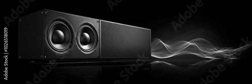 High quality black speaker system with dynamic sound waves against a dark bac...