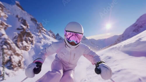 Female skier in stylish white suit racing down snowy mountain with bright sun and clear sky - activewear and fashion marketing photo