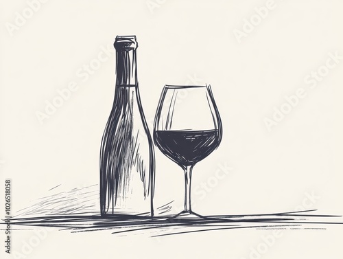 Sketch of Wine Bottle and Glass with Rose on White Background photo