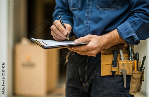 A person preparing documentation while inspecting a floor inside a constructi...