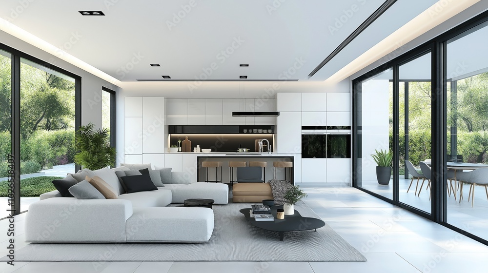 Spacious modern open-plan living room with white sofas, contemporary kitchen, large windows, and natural light overlooking a green outdoor area. Spacious modern open-plan living room with white sofas, contemporary kitchen, large windows, and natural light overlooking a green outdoor area.