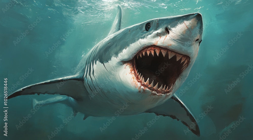 Naklejka premium A fierce shark breaching the oceans surface under a dramatic sky at sunset