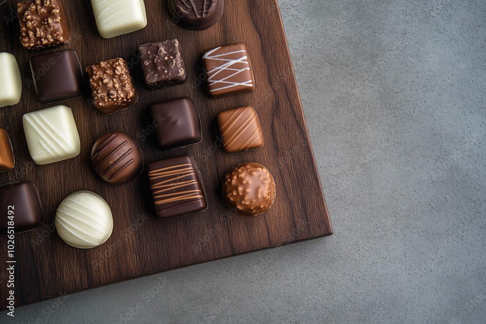Assorted chocolates on wooden serving board Assorted chocolates on wooden serving board
