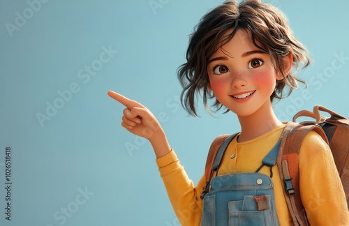 A young girl gestures while smiling against a bright blue background, showcas...