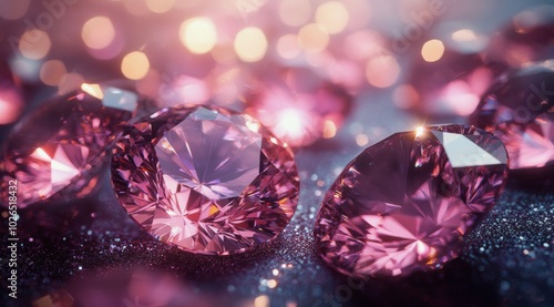 Shimmering pink gemstones scattered elegantly with soft light reflections in ...